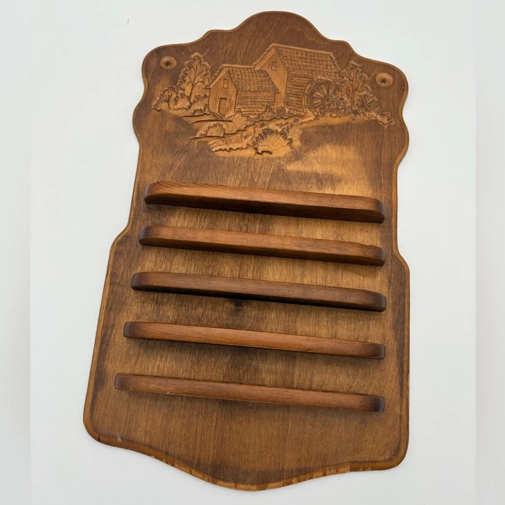 Vintage Wooden Thimble Rack Display with Carved Water Wheel Mill Design